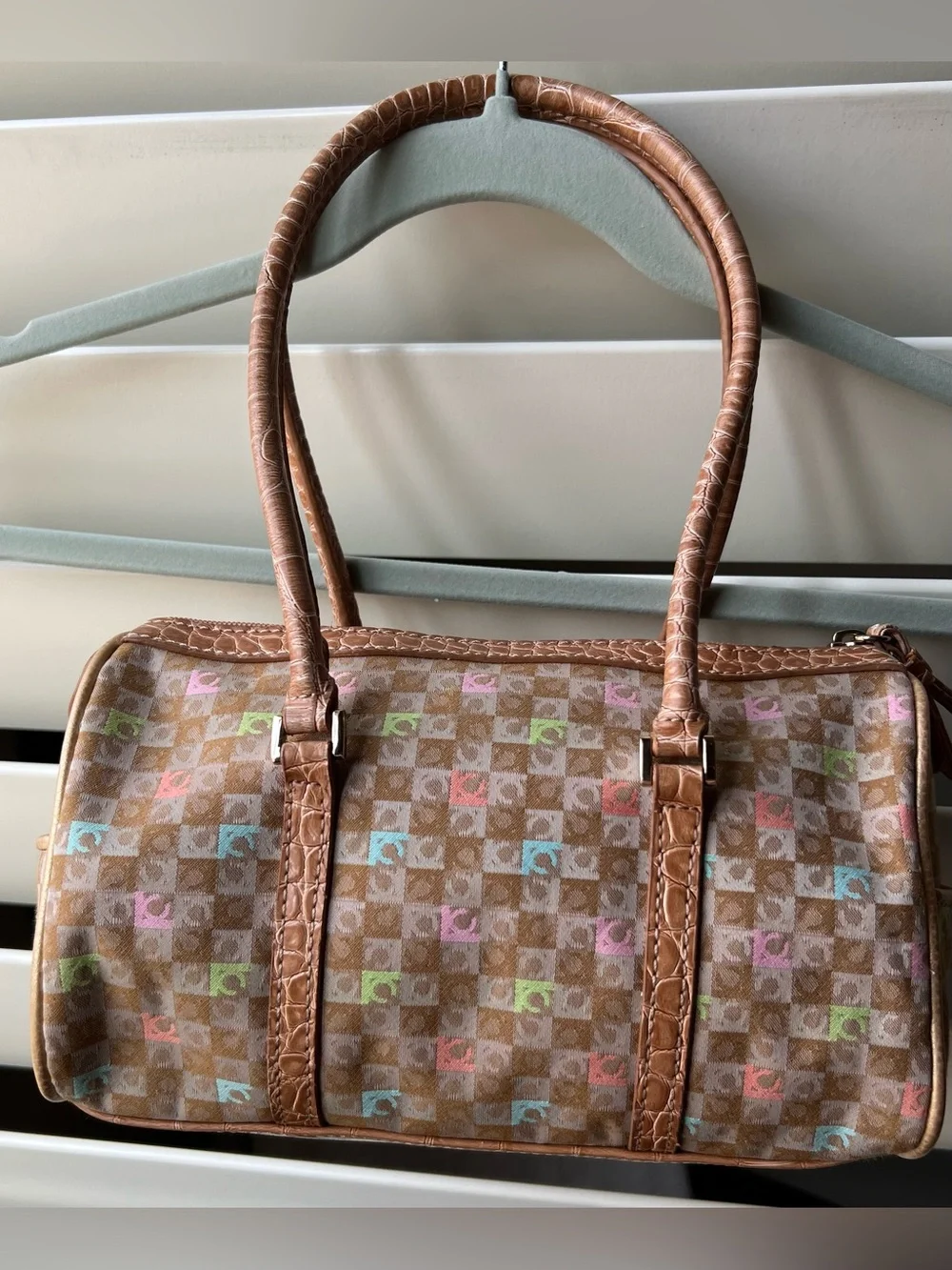 Liz Claiborne Multicolor Monogram Satchel with Tan Trim